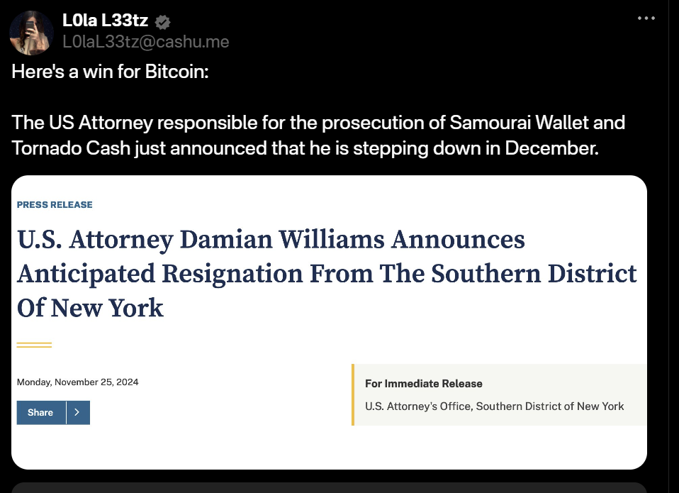Le procureur de Samourai Wallet et Tornado Cash, Damian Williams, démissionnera en décembre Damian Williams, procureur de Samourai Wallet et Tornado Cash, démissionnera en décembre