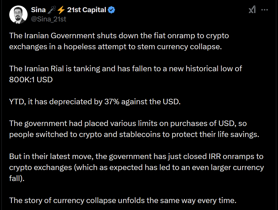 La banque centrale iranienne bloque les passerelles de paiement vers les échanges de crypto-monnaie dans un contexte de crise monétaire