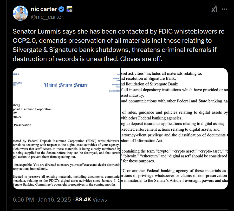 La sénatrice Cynthia Lummis demande à la FDIC d'arrêter la destruction des matériaux de l'opération Chokepoint 2.0 La sénatrice Cynthia Lummis demande à la FDIC d'arrêter la destruction des matériaux de l'opération Chokepoint 2.0