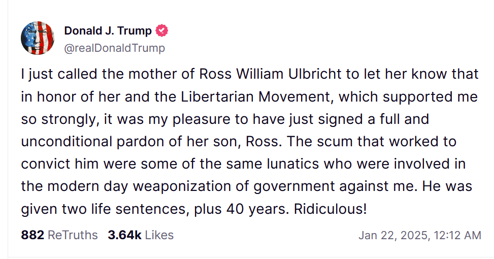 Donald Trump signe « un pardon total et inconditionnel » pour le fondateur de la Route de la Soie, Ross Ulbricht