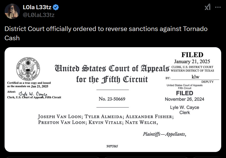 Le tribunal de district américain annule officiellement les sanctions contre Tornado Cash Mixer