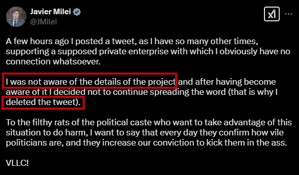 L'Argentine Milei fait face à des accusations de fraude, des appels de mise en accusation après le lancement défaillant de Memecoin L'Argentine Milei fait face à des accusations de fraude, des appels de mise en accusation après le lancement défaillant de Memecoin