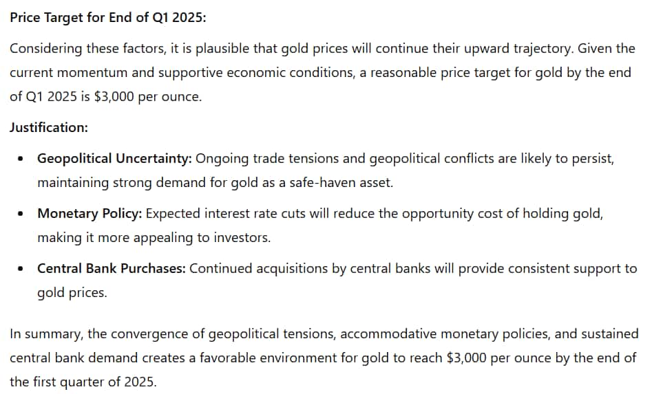 Chatgpt provde et justifie un PT d'or pour la fin du premier trimestre, 2025.