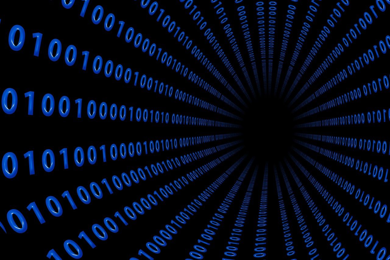 Rendering of a tunnel with walls of zeros and ones disappearing into the distance.