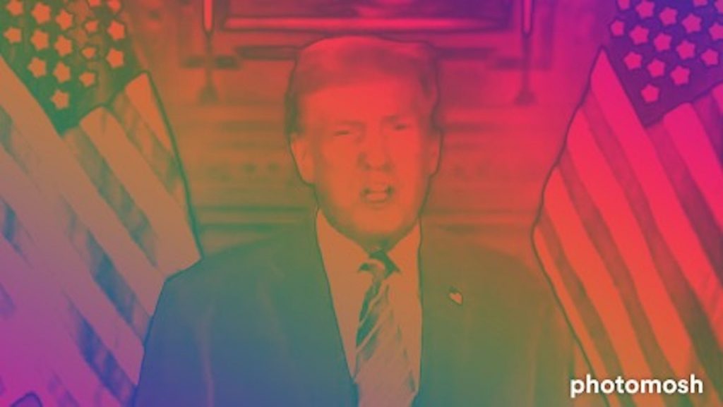 Tron, déplacer de refuser l'accord «swap token» pour l'inclusion financière de la liberté mondiale Screen grab from Trump's teaser of the new World Liberty Financial crypto company (Rug Radio, modified by CoinDesk using PhotoMosh)