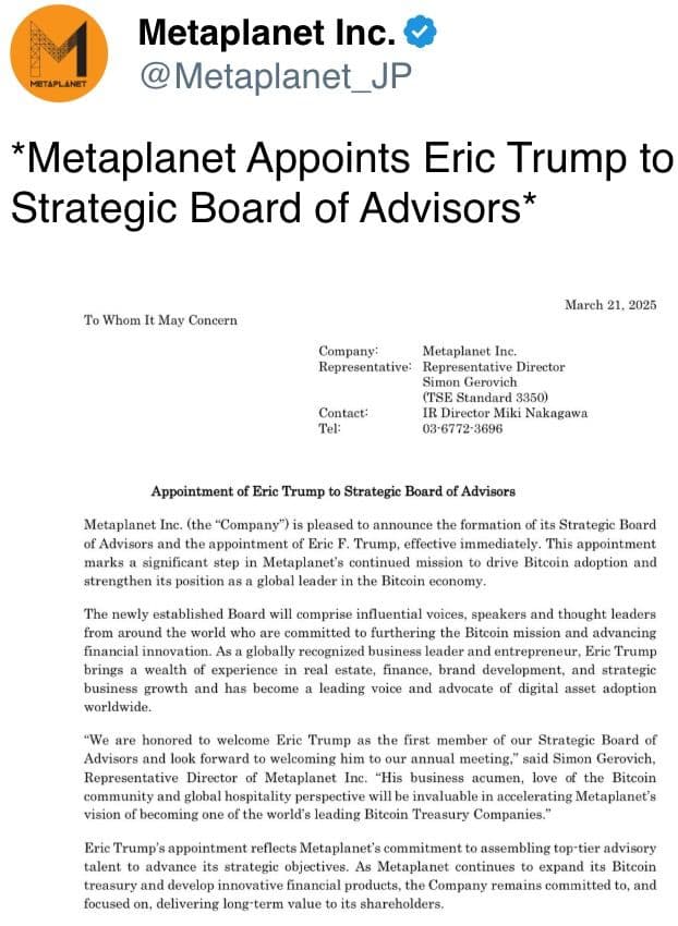 * Metaplanet nomme Eric Trump au Conseil des conseillers stratégiques *