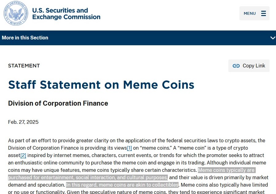 Que faites-vous avec Memecoins? Apparemment, vous les collectez, dit la SEC