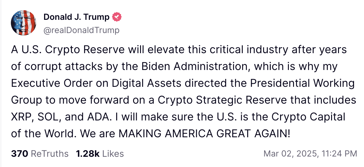 Une réserve de crypto américaine élèvera cette industrie critique après des années d'attaques corrompues de l'administration Biden, c'est pourquoi mon décret sur les actifs numériques a ordonné au groupe de travail présidentiel d'aller de l'avant sur une réserve stratégique cryptographique qui comprend XRP, Sol et ADA. Je m'assurerai que les États-Unis sont la capitale mondiale cryptographique. Nous rendons l'Amérique à nouveau super!