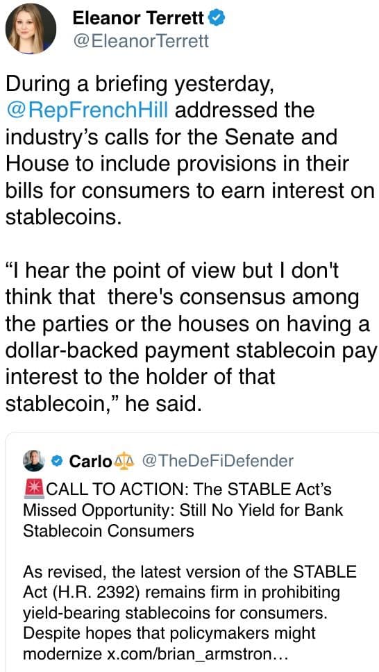 Hier, lors d'un briefing, le représentant French Hill a abordé les appels de l'industrie au Sénat et à la Chambre pour inclure des dispositions dans leurs factures pour que les consommateurs gagnent des intérêts sur les stablecoins.