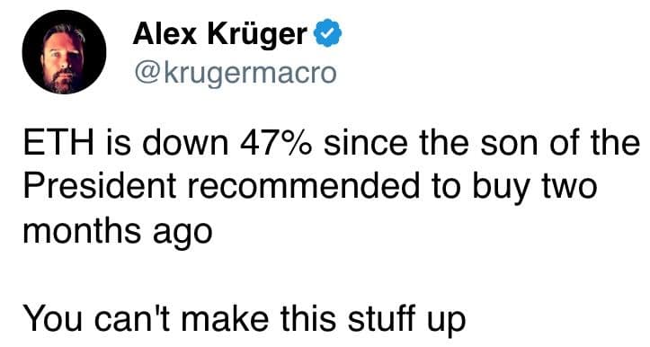 XRP, SOL Lead Drop en tant que BTC, les stocks glissent dans le wipeout alimenté en tarif ETH est en baisse de 47% depuis que le fils du président a recommandé d'acheter il y a deux mois