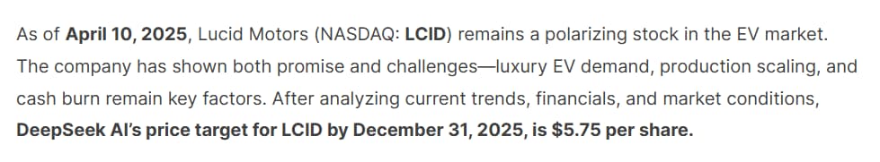 Le 31 décembre de Deepseek, Lucid, actions de l'objectif de prix.