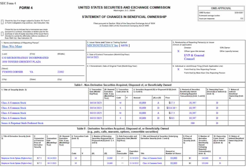Formulaire 4 Dépôt détaillant la vente de Shao de l'action MSTR. Source: SEC