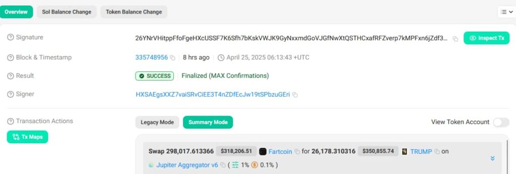 FARTCOIN - Trump Swap Trump Détails de la transaction. Source: solscan