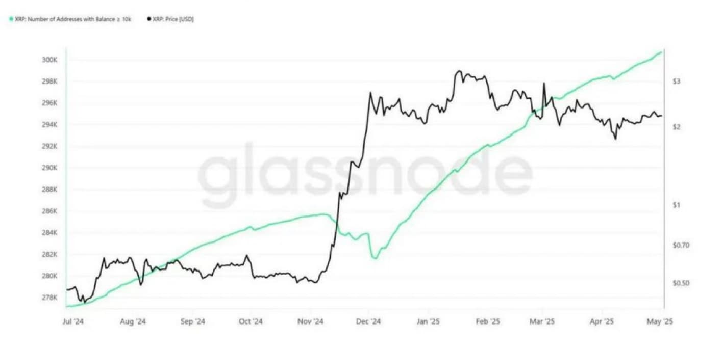 Graphique montrant le changement du nombre de baleines XRP et du prix du jeton.