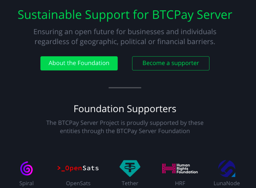 Le serveur BTCPAY est pris en charge par diverses organisations philanthropiques et à but lucratif 