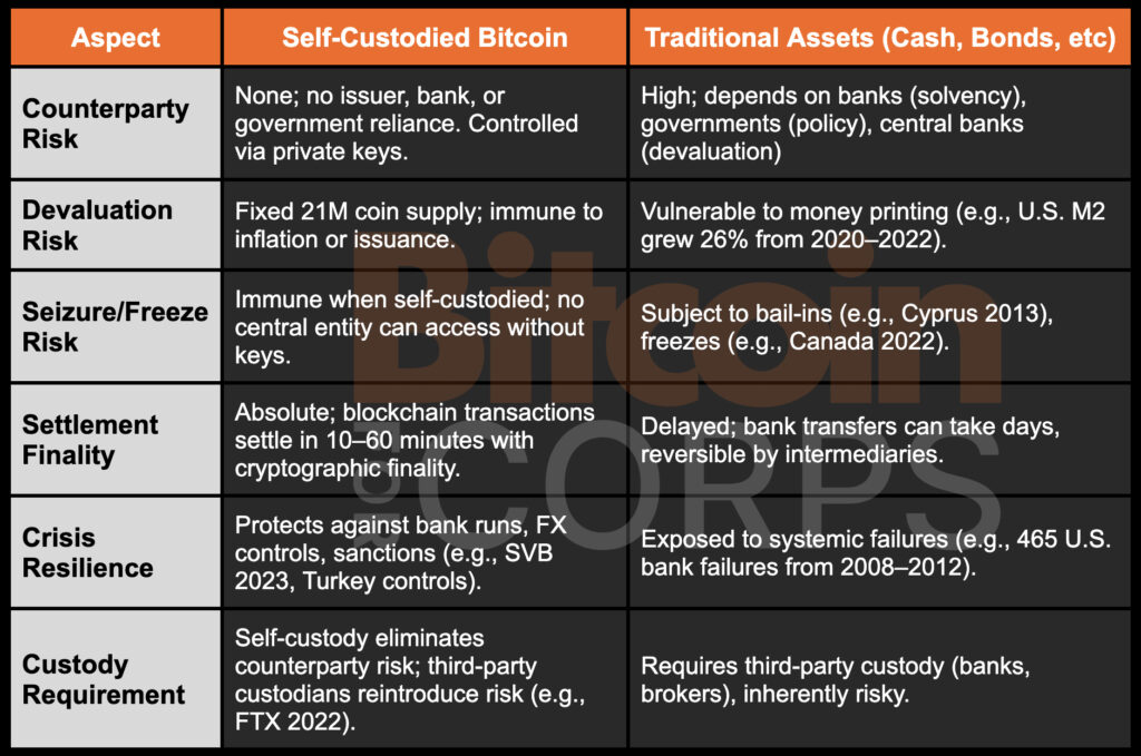 Comment le bitcoin réduit le risque de contrepartie dans la stratégie du Trésor d'entreprise 1 Comparaison des risques de contrepartie de Bitcoin par rapport aux actifs traditionnels comme les espèces et les obligations