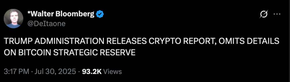 BTC tombe alors que le rapport de crypto de Trump saute les détails de la réserve Bitcoin 1753883175 87 BTC tombe alors que le rapport de crypto de Trump