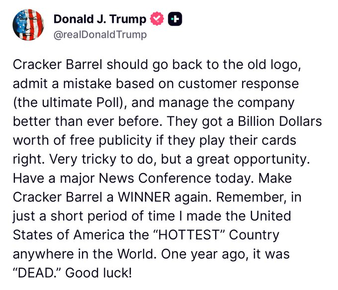 Les actions de Cracker Barrel augmentent après les conseils de rebranding du président Trump 1756258631 27 Les actions de Cracker Barrel augmentent apres les conseils de