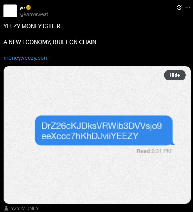 Kanye West lance Crypto Meme Coin atteint une capitalisation boursière de 3 milliards de dollars L'argent yeezy est là