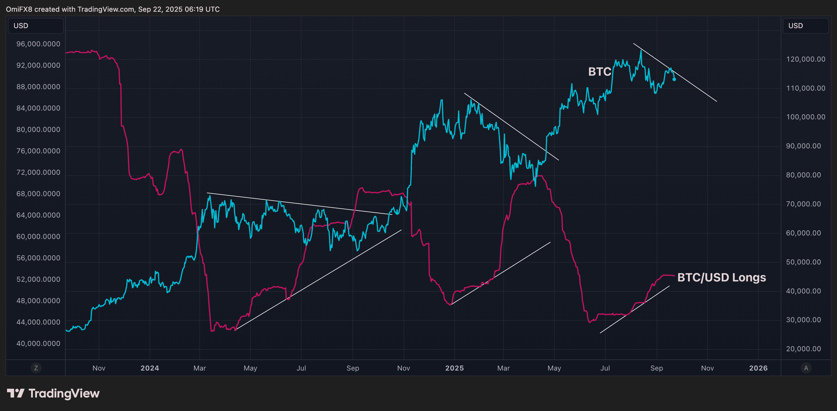 CMParison quotidien de BTC / USD Longs sur Bitfinex et le prix ponctuel de BTC. (TradingView / Coindesk)