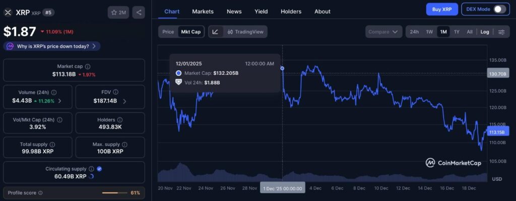 1766200270 167 XRP perd 19 milliards de dollars depuis debut decembre