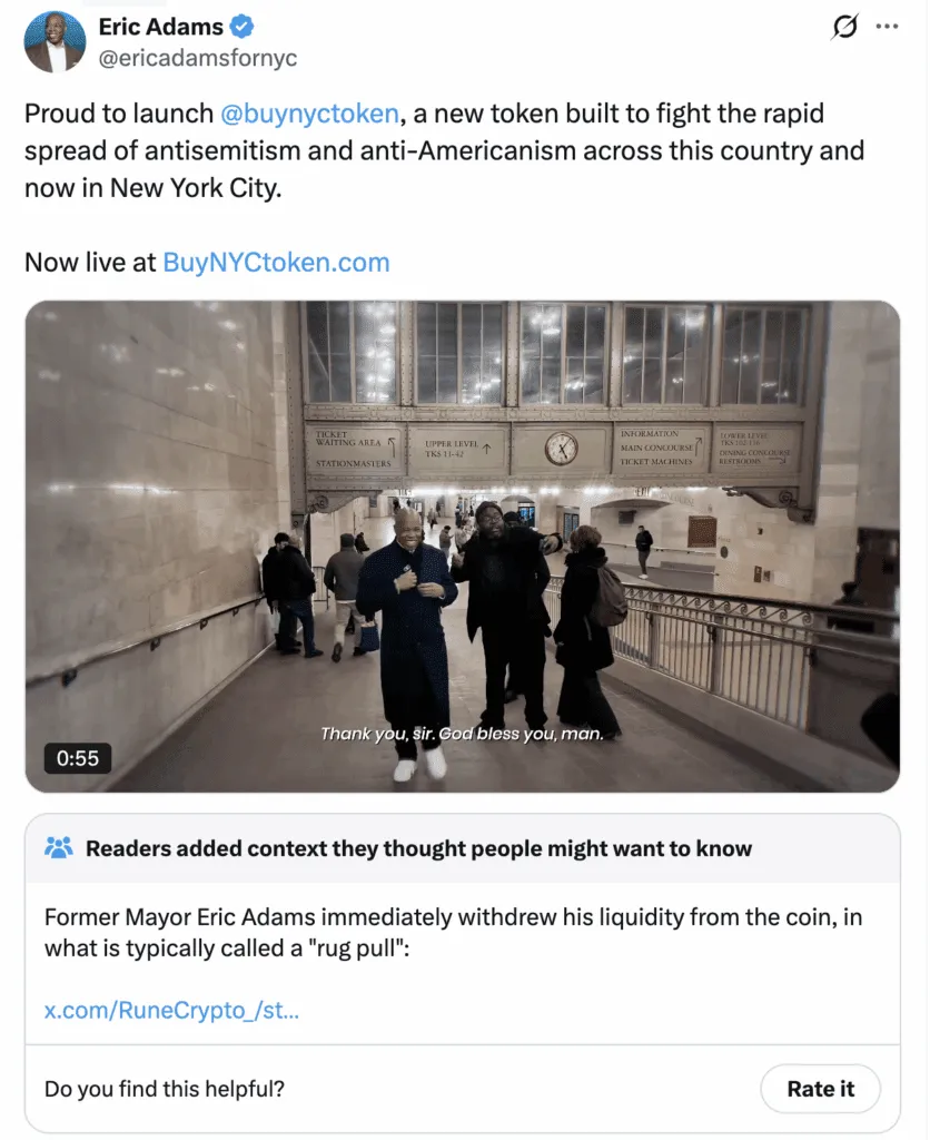 Le jeton de New York d'Eric Adams s'effondre de 80 % en quelques heures, offrant une leçon difficile sur la raison pour laquelle Bitcoin est différent 1 Éric Adams