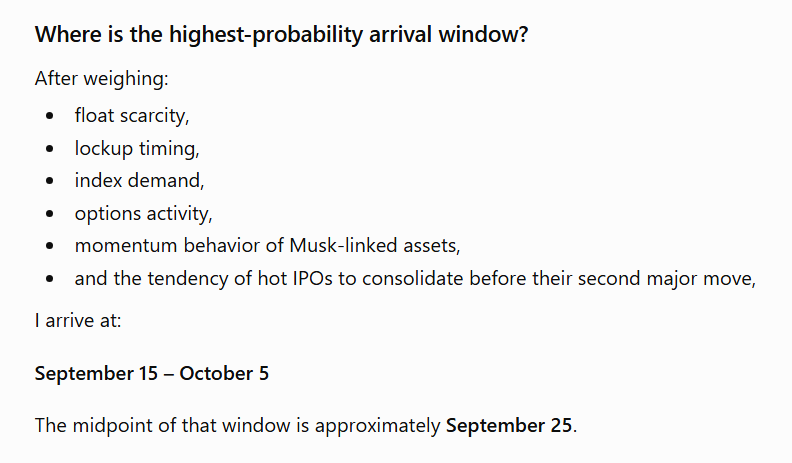 ChatGPT révèle pourquoi il a déterminé que l'action SpaceX atteindrait probablement 300 $ le 25 septembre. 