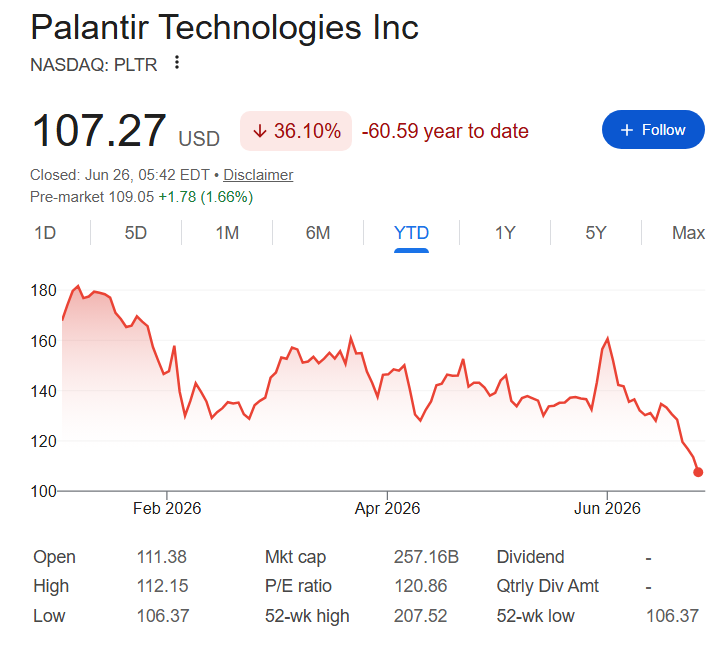 Graphique du cours de l'action Palantir depuis le début de l'année.